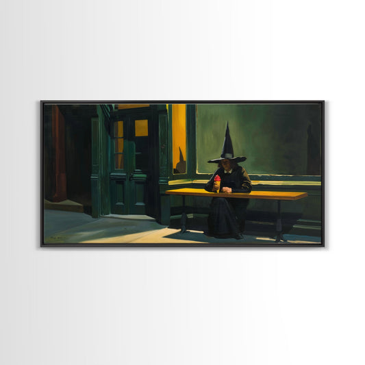 Sad Witch Having an Ice Cream Cone, Funny Halloween Art, Framed Canvas Print, Liminal Art