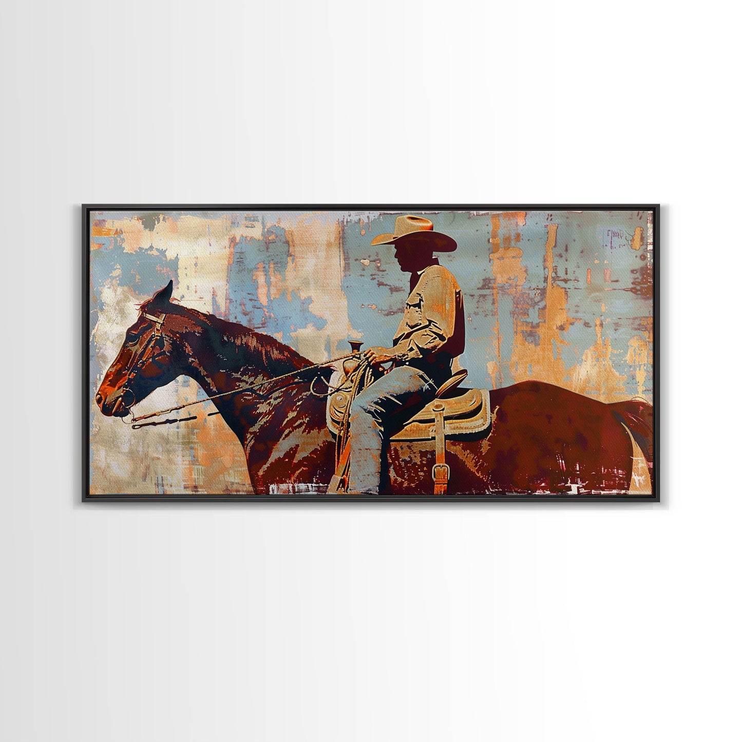 Cowboy on Horseback, Textured Background, Modern Living Room Art, Framed Canvas Print, Rustic Home Decoration, Boho Wall Art