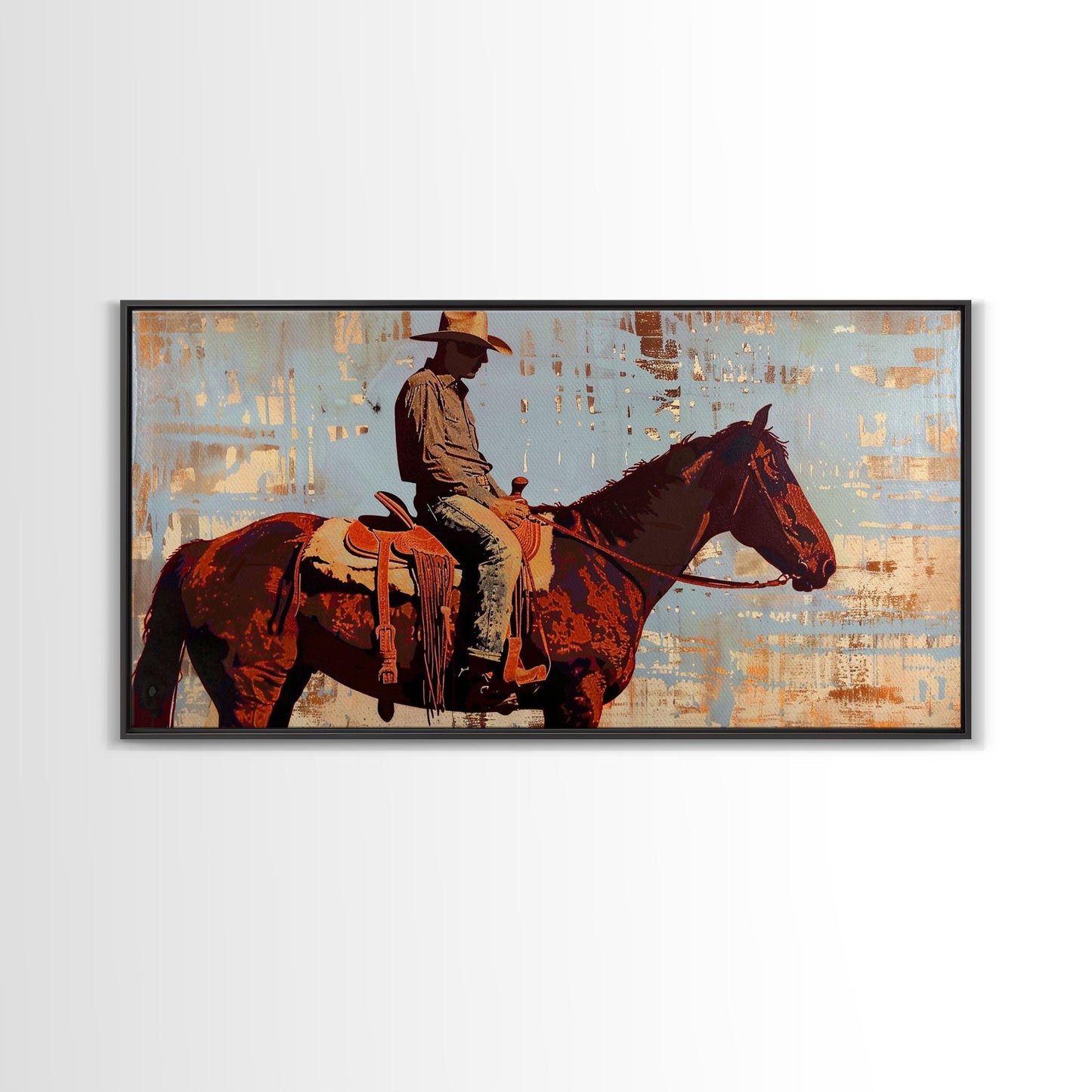 Cowboy on Horse with Rustic Background, Stunning Wall Art, Framed Canvas Print, Boho Bedroom Decor, Western Home Decoration
