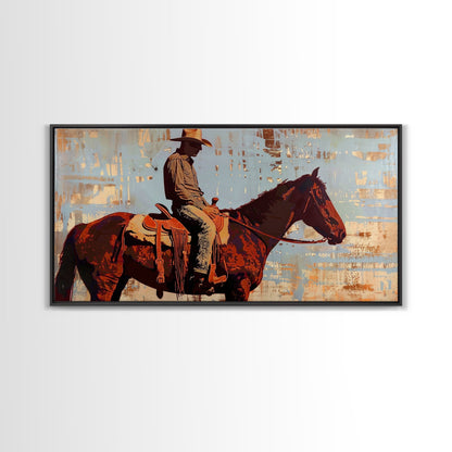 Cowboy on Horse with Rustic Background, Stunning Wall Art, Framed Canvas Print, Boho Bedroom Decor, Western Home Decoration