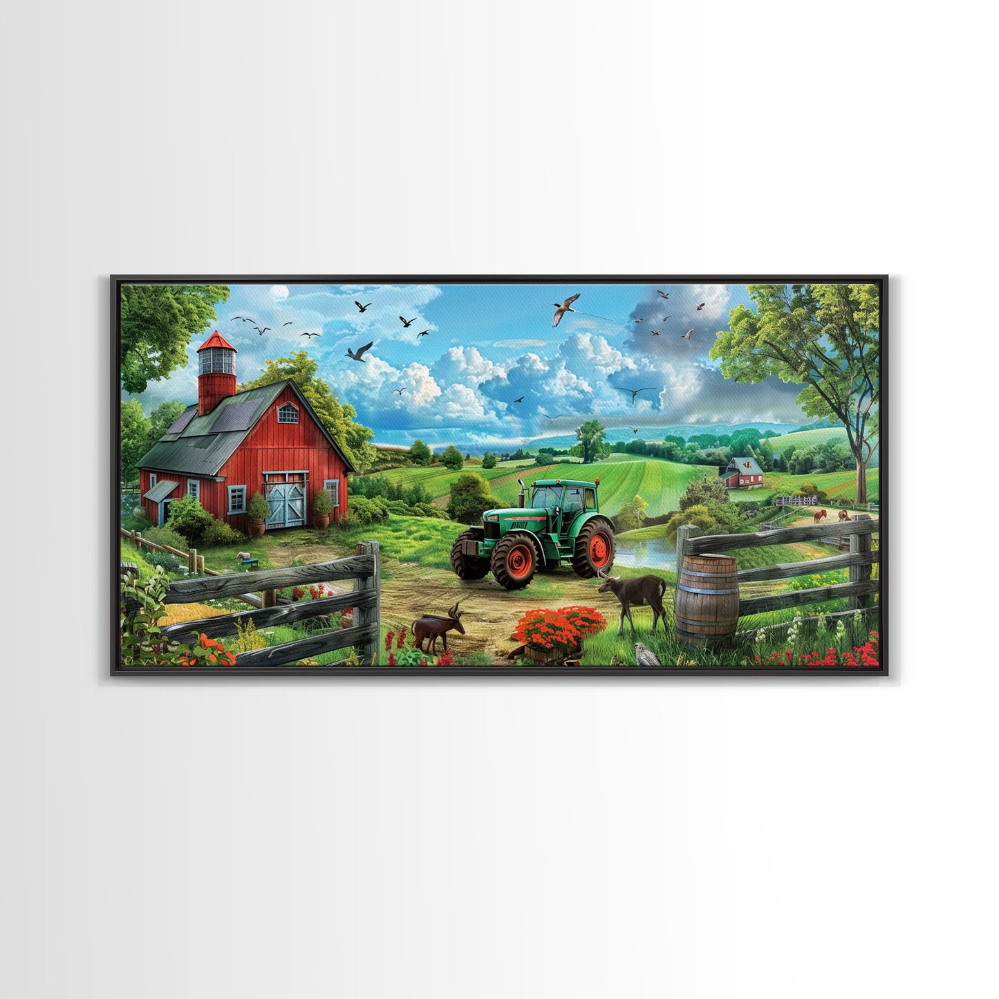 Green Tractor Near Red Barn in Countryside, Charming Farm Art, Framed Canvas Print, Country Living Room Decor, Wall Art