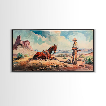 Cowboy and Horse in Desert Landscape, Rustic Farmhouse Art, Framed Canvas Print, Western Decor, Living Room Wall Art, Country Style