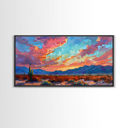 Road Through Desert at Sunset, Colorful Southwestern Art, Framed Canvas Print, Boho Wall Decor, Rustic Living Room Art, Desert Scene