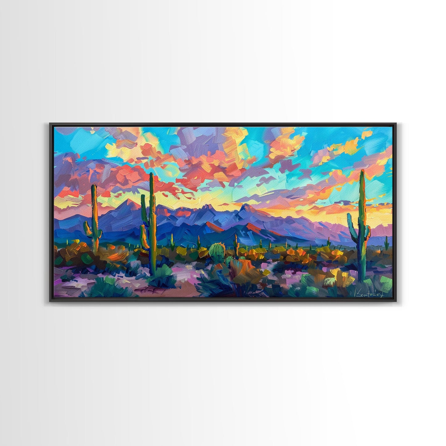 Expansive Desert Landscape at Sunset, Colorful Southwestern Art, Framed Canvas Print, Boho Living Room Wall Decor, Desert Scene