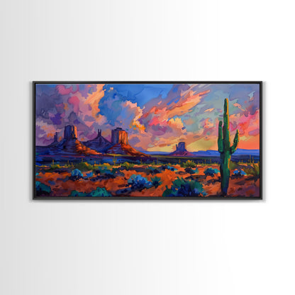 Radiant Mountain Sunset with Saguaro Cacti, Framed Canvas Print for Living Room Art, Perfect for Boho and Southwestern Decor