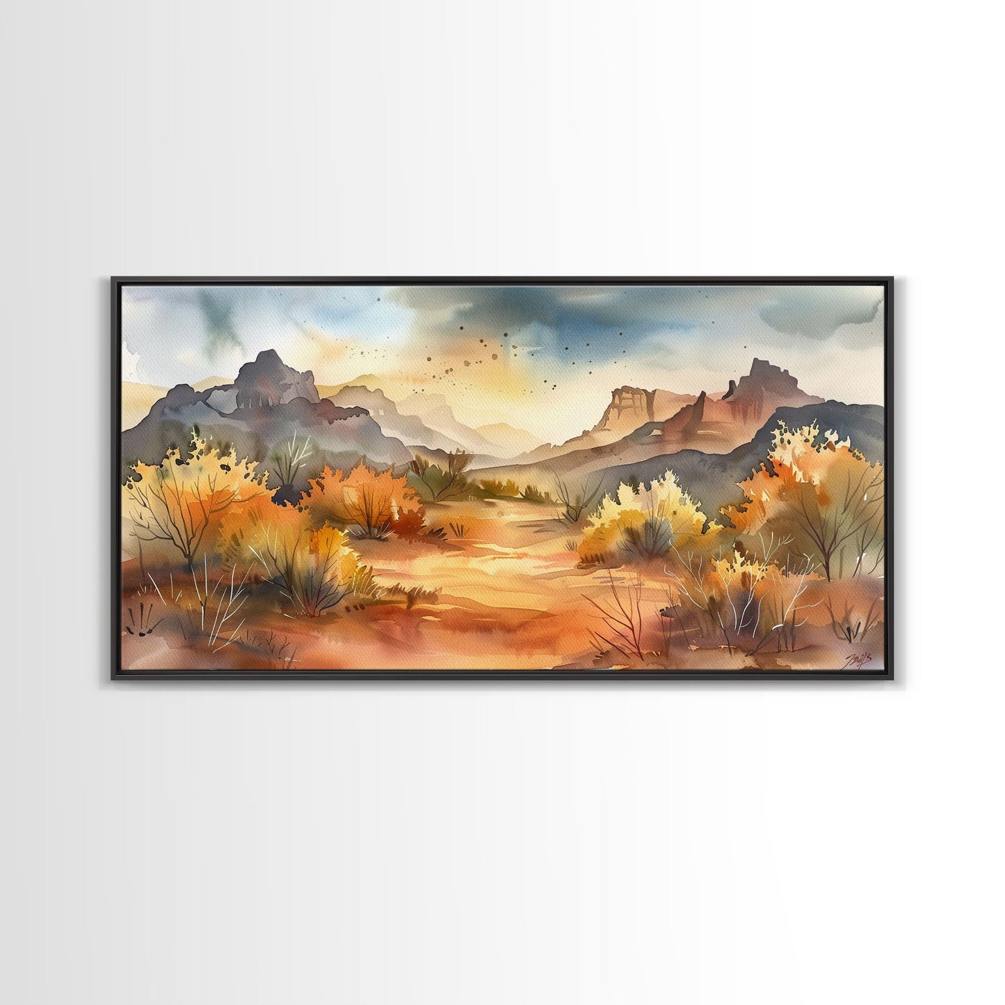 Serene Desert Landscape with Mountains and Sunlit Sky, Perfect Framed Canvas Print for Living Room, Boho Wall Art, Nature Decor
