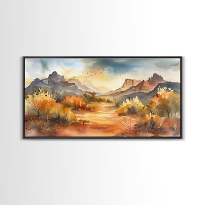 Serene Desert Landscape with Mountains and Sunlit Sky, Perfect Framed Canvas Print for Living Room, Boho Wall Art, Nature Decor