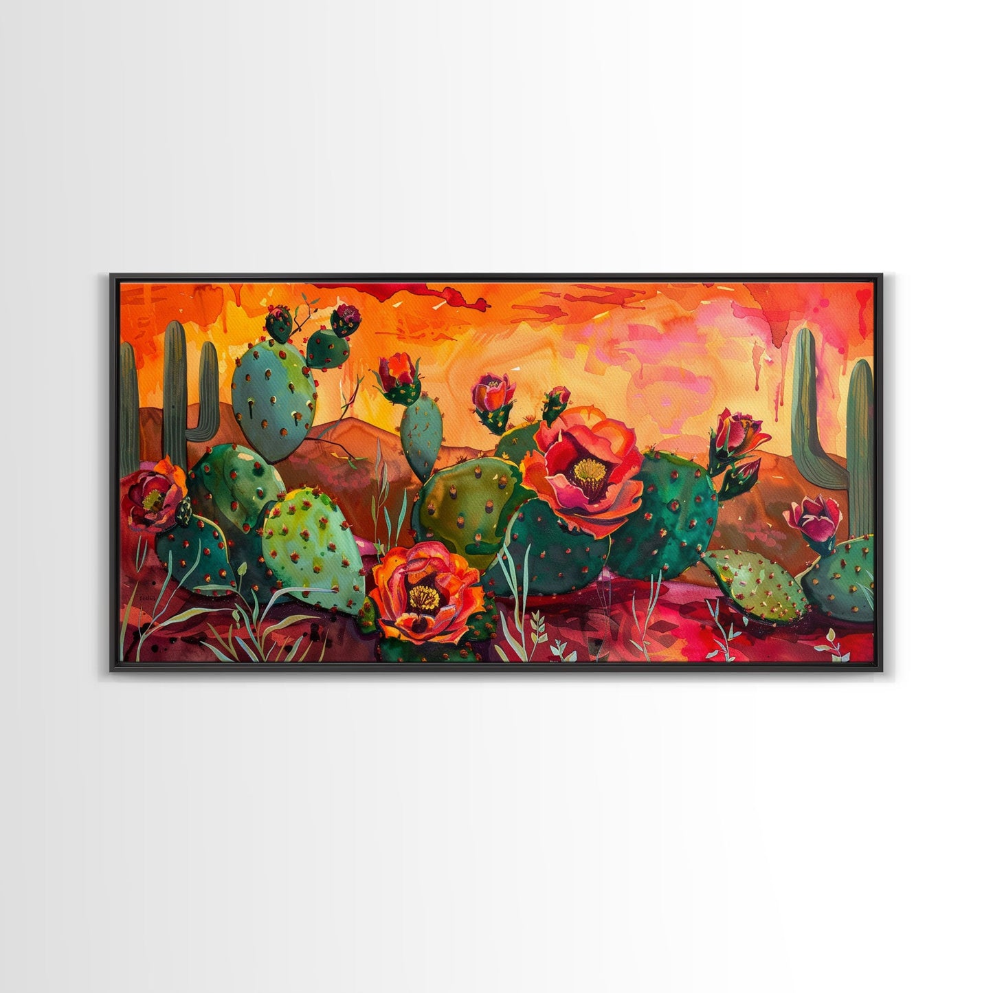 Prickly pear cacti with vibrant blooms in desert scene, Framed Canvas Print, great for modern living room, boho wall decor