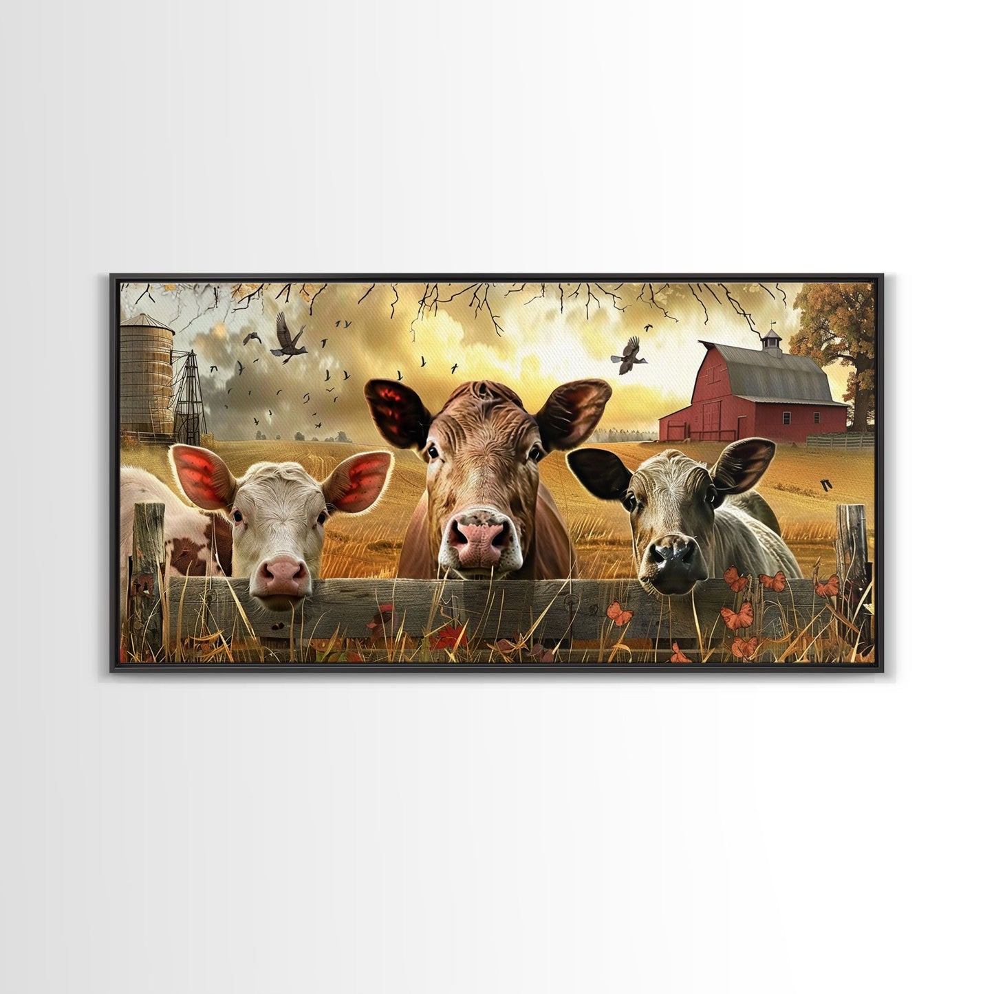 Cute cows peeking through barn fence, Framed Canvas Print, ideal for farmhouse living room, country style wall art decor