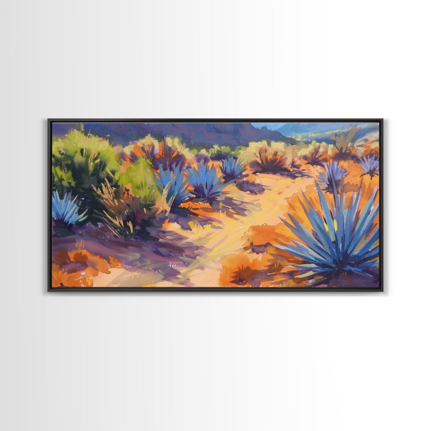Desert Pathway with Vibrant Foliage, Perfect for Living Room Art, Framed Canvas Print, Bohemian Decor, Nature Inspired Wall Art
