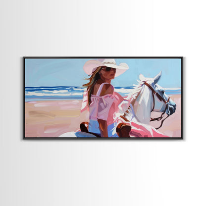Elegant Cowgirl on Horse by the Shore, Beautiful Framed Canvas Print, Ideal for Coastal Living Room Art, Beach Bedroom Decor, Horse Wall Art