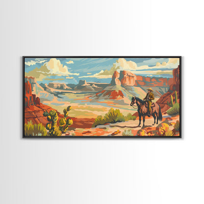 Cowboy Riding through Canyon, Framed Canvas Print for Rustic Living Room Decor, Western Art for Home and Bedroom Decoration