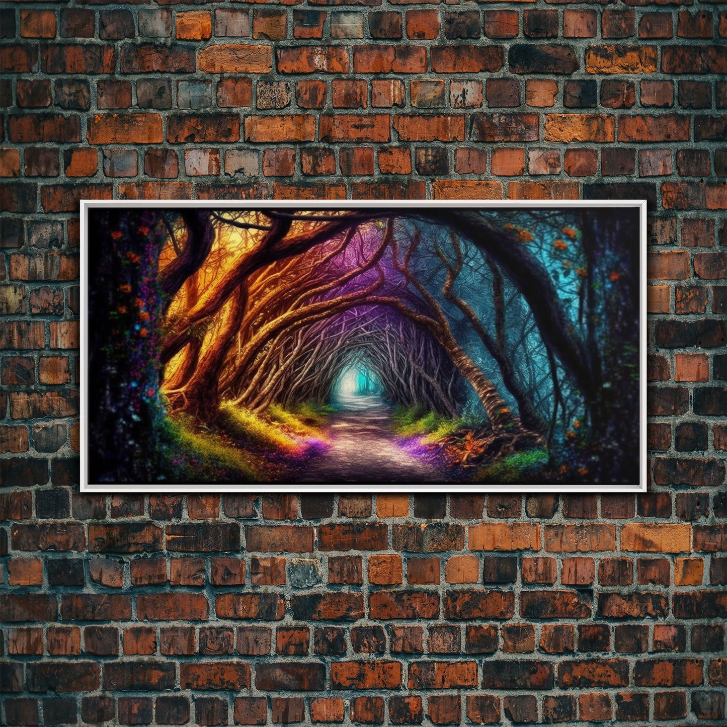 Secret Path, Fantasy Art, Pop Art Forest Landscape, Framed Canvas Print, Colorful Forest Painting, Living Room Art, Glowing Magical Forest