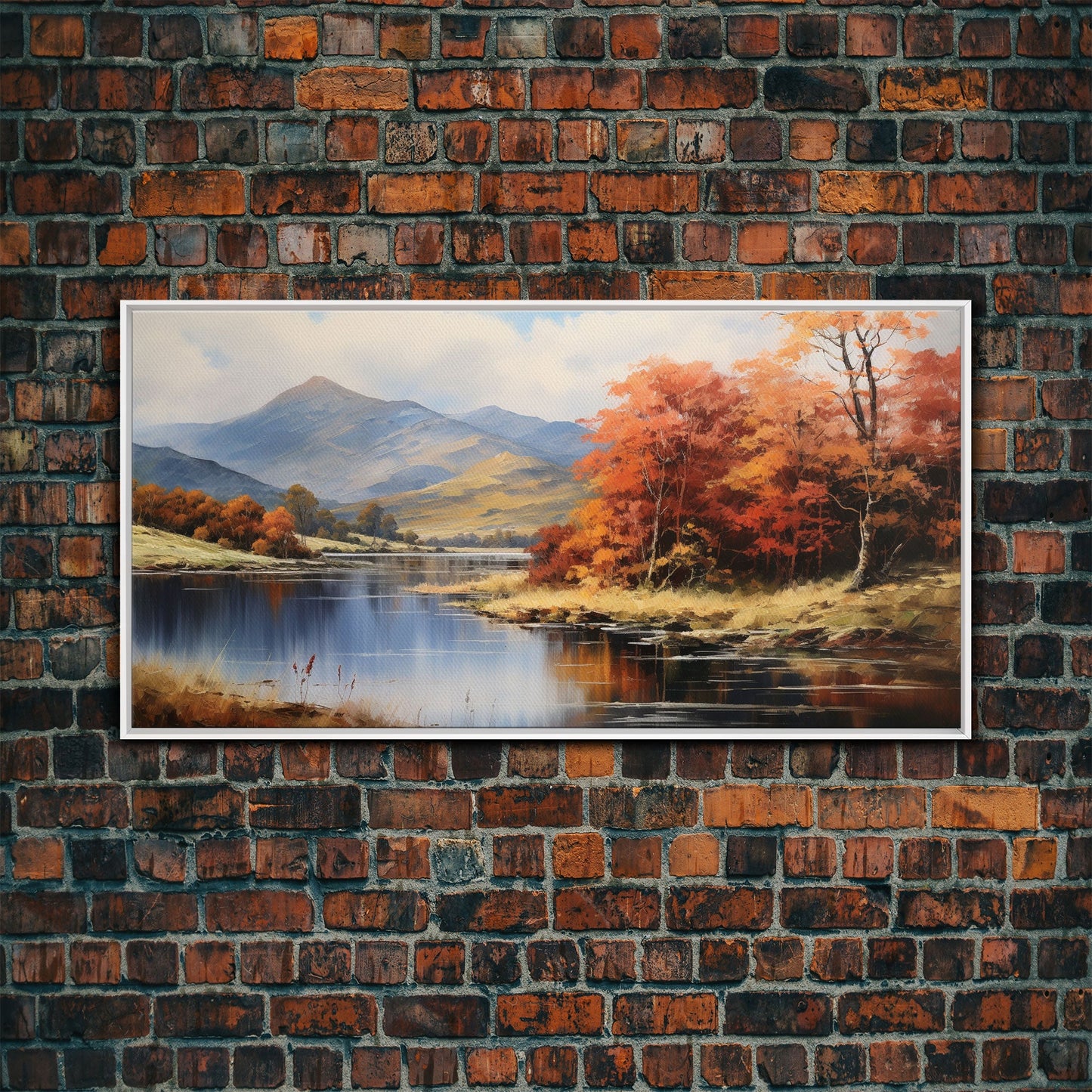 Autumn By The Lake, Framed Canvas Print, Original Landscape Painting, Fall Decor, Boho Minimalist Farmhouse Decor, Rustic Art