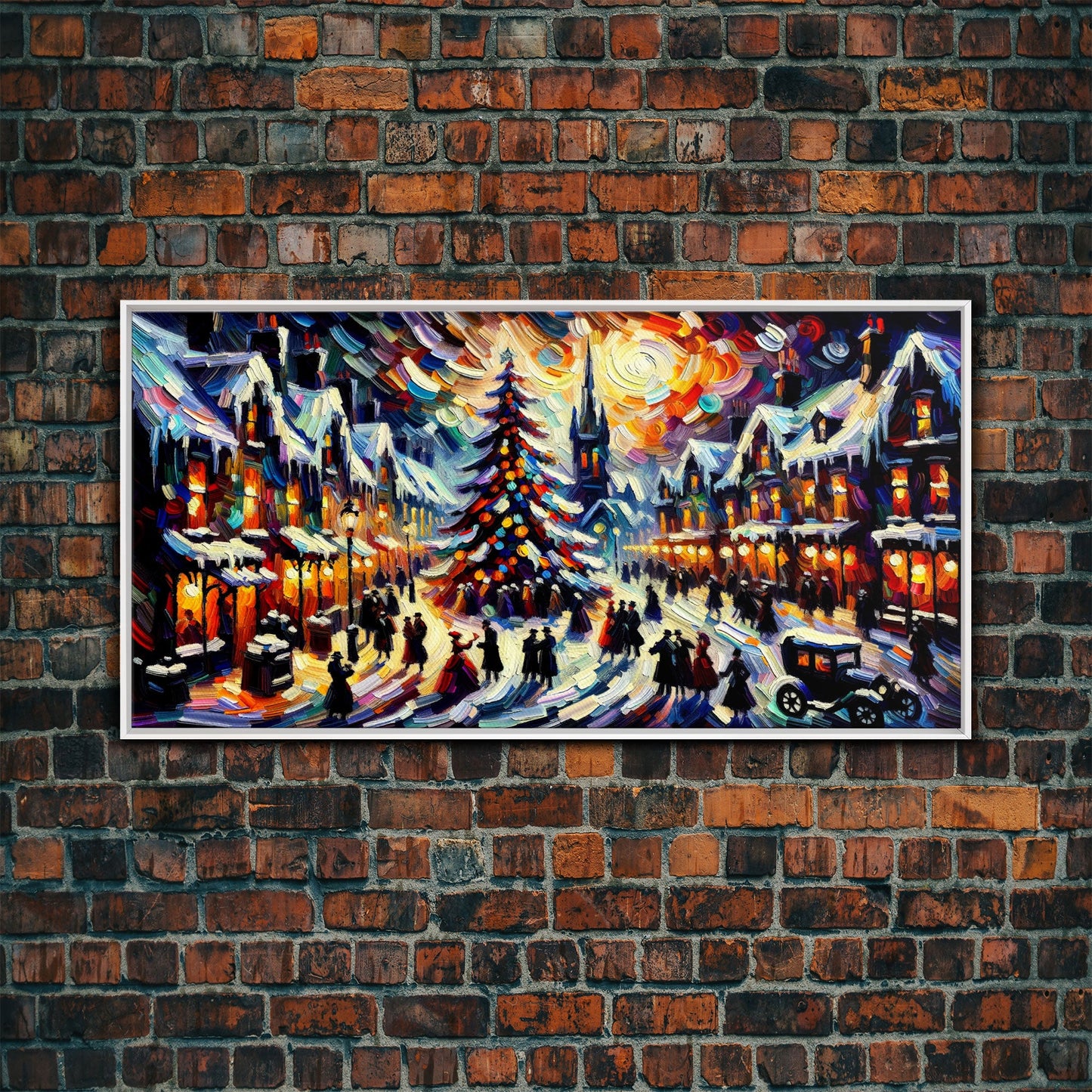 Retro Style Christmas Canvas Print | Framed Canvas Print | Christmas Village | Winter Wonderland | Impasto Style Painting | Seasonal Decor