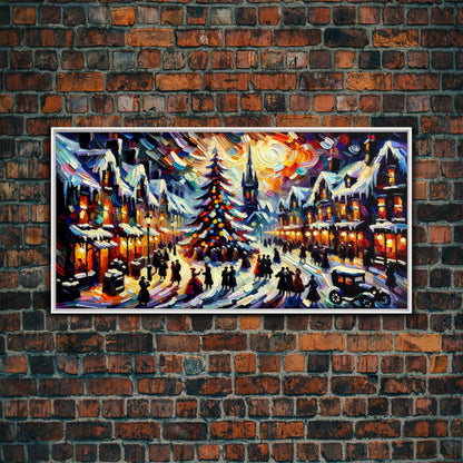 Retro Style Christmas Canvas Print | Framed Canvas Print | Christmas Village | Winter Wonderland | Impasto Style Painting | Seasonal Decor