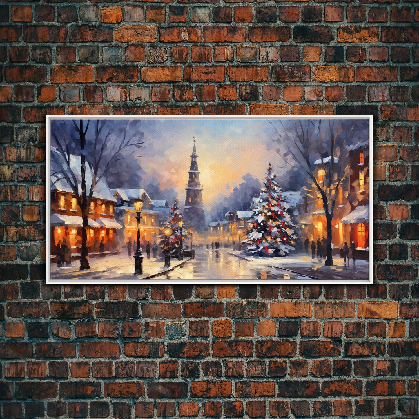 Christmas Centerpiece Wall Art - Framed Canvas Print - Winter Wonderland Victorian Village Decorated for Christmas Canvas Wall Art