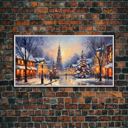 Christmas Centerpiece Wall Art - Framed Canvas Print - Winter Wonderland Victorian Village Decorated for Christmas Canvas Wall Art
