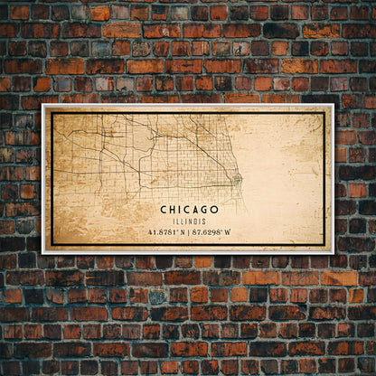 Distressed Chicago map print poster or framed canvas, Illinois road map print poster canvas, Chicago city map print poster canvas
