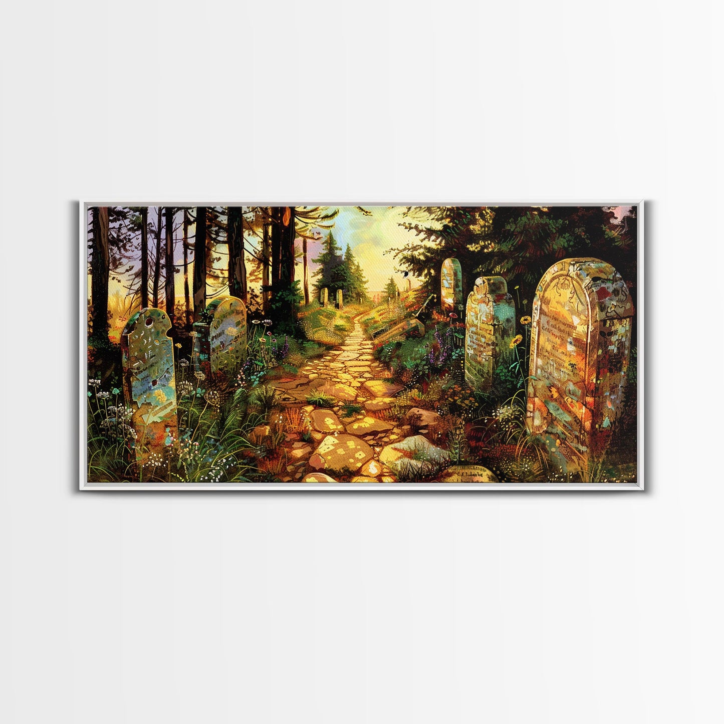 Haunted Cemetery In The Springtime, Framed Canvas Print, Colorful Halloween Decor, Halloween Wall Art