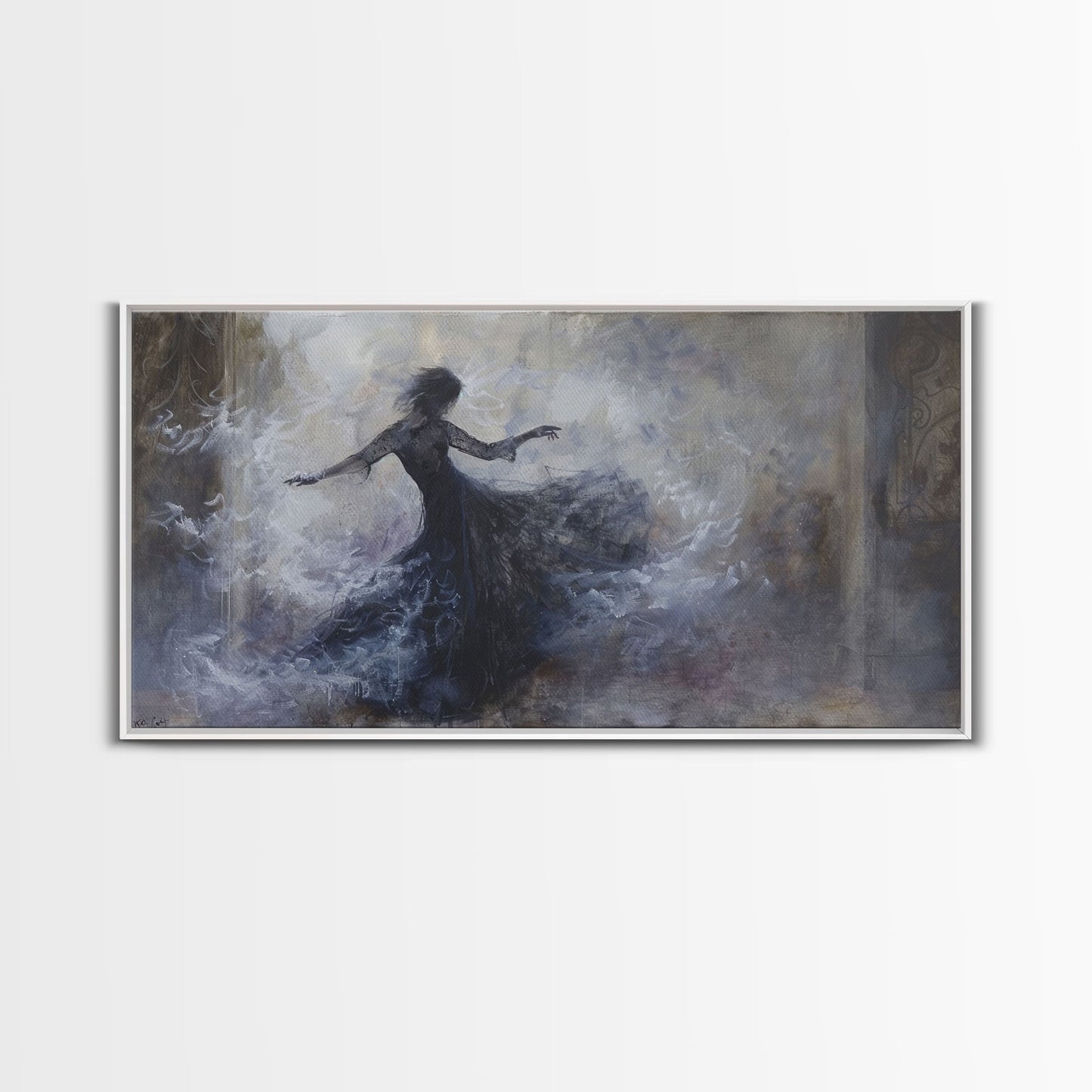 Ballerina Dancing In The Fog, Framed Canvas Print, Halloween Decor, Macabre Dark Academia Wall Art
