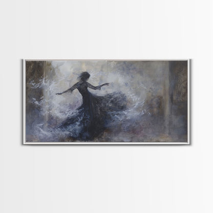 Ballerina Dancing In The Fog, Framed Canvas Print, Halloween Decor, Macabre Dark Academia Wall Art