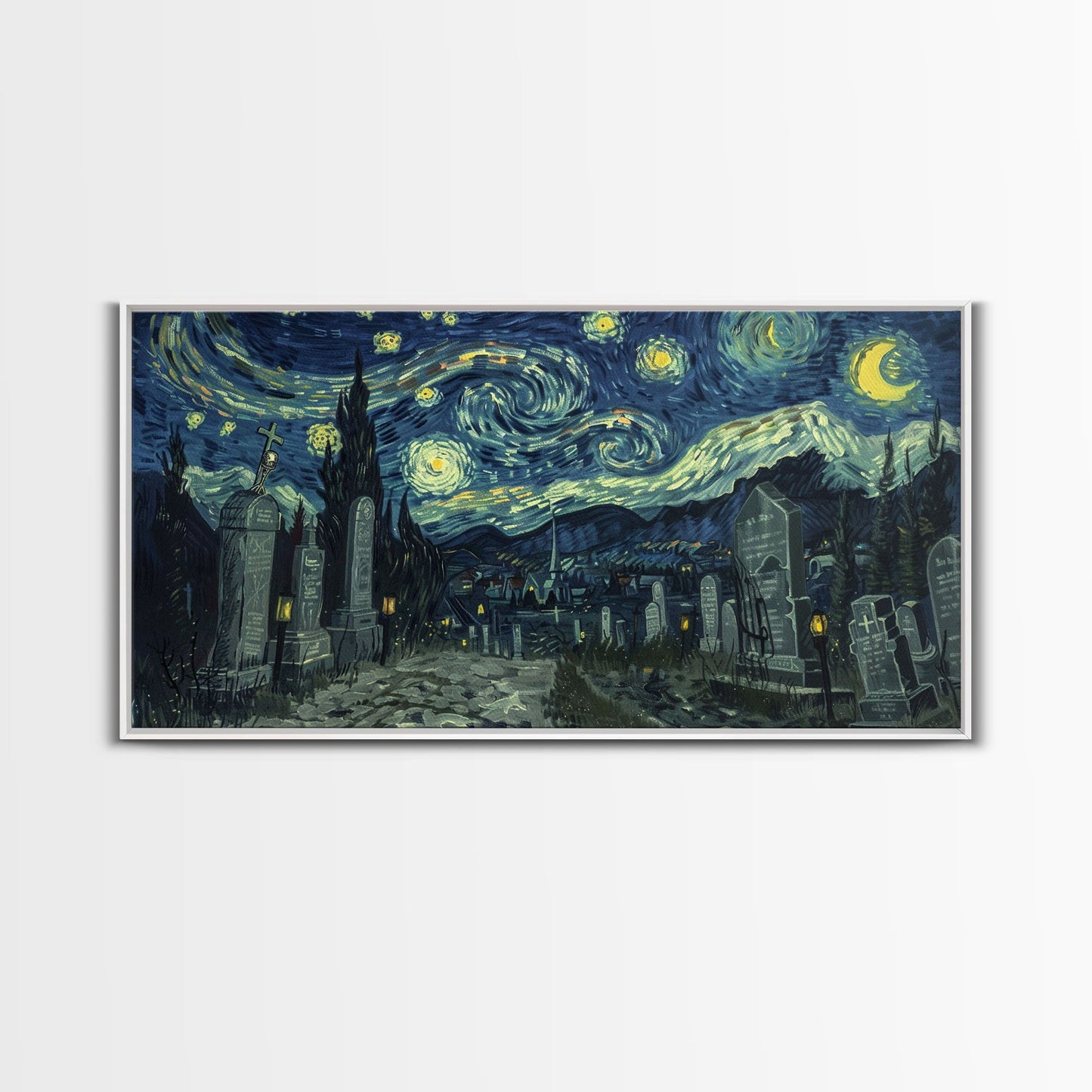 Haunted Graveyard Framed Canvas Print, Starry Night Van Gogh Inspired Halloween Decor, Spooky Vibes Halloween Gift