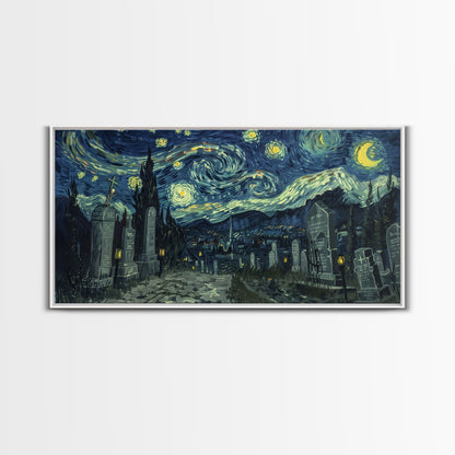 Haunted Graveyard Framed Canvas Print, Starry Night Van Gogh Inspired Halloween Decor, Spooky Vibes Halloween Gift