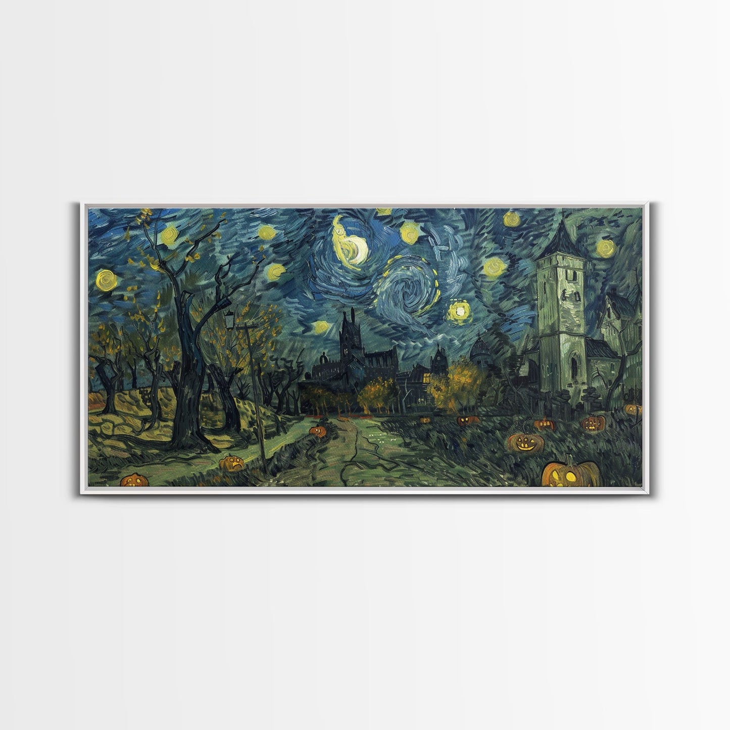 Haunted Halloween Cemetary, Starry Night Inspired Halloween Decor, Framed Canvas Print, Halloween Props
