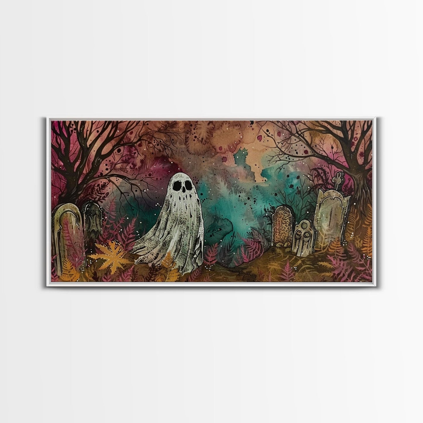 Cute Ghost In The Cemetery, Framed Canvas Print, Halloween Wall Decor, Halloween Trinkets
