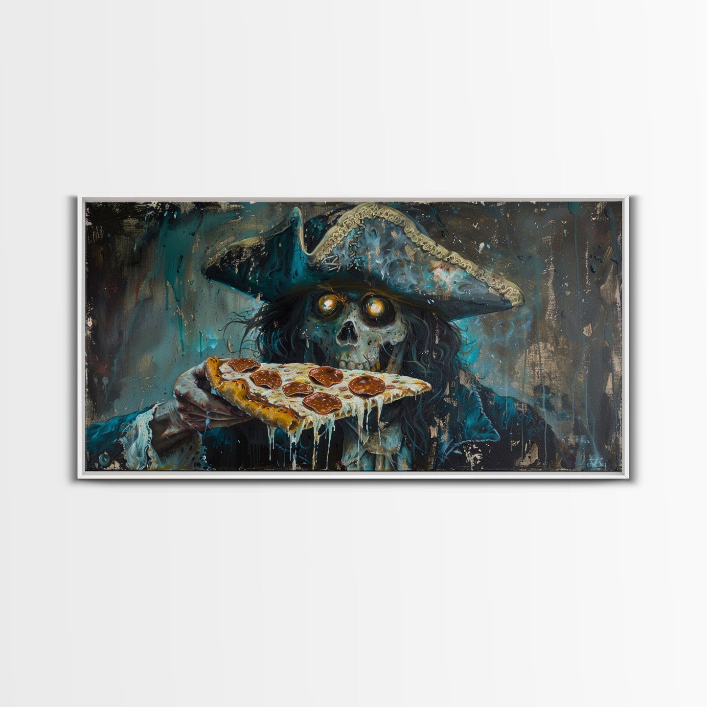 Spooky Pizza Pirate, Framed Canvas Print, Ghostly Pirate Havin a Slice of Pizza, kinda funny idk