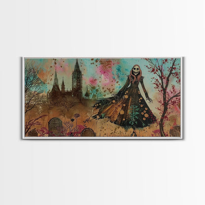Grinning Banshee In A Cemetery Framed Canvas Print - Spooky Wall Art - Halloween Decor