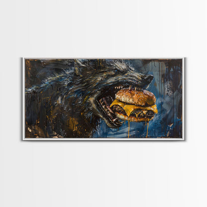 Big Ol Werewolf Having A Cheese Burger - Framed Canvas Print - Funny Halloween Art