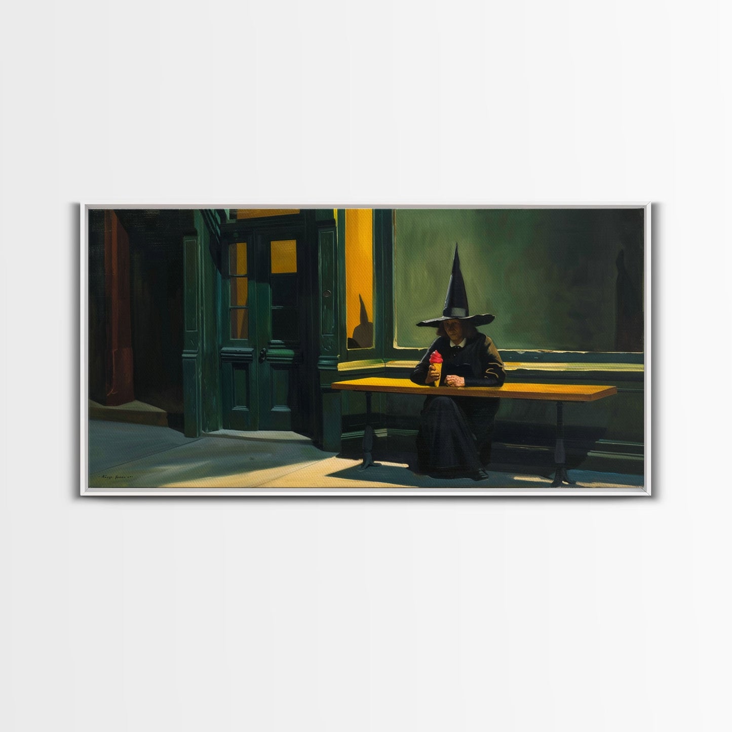 Sad Witch Having an Ice Cream Cone, Funny Halloween Art, Framed Canvas Print, Liminal Art