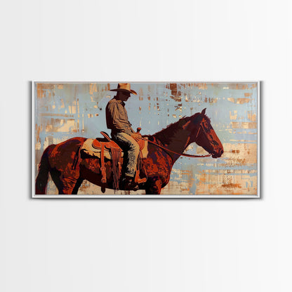Cowboy on Horse with Rustic Background, Stunning Wall Art, Framed Canvas Print, Boho Bedroom Decor, Western Home Decoration