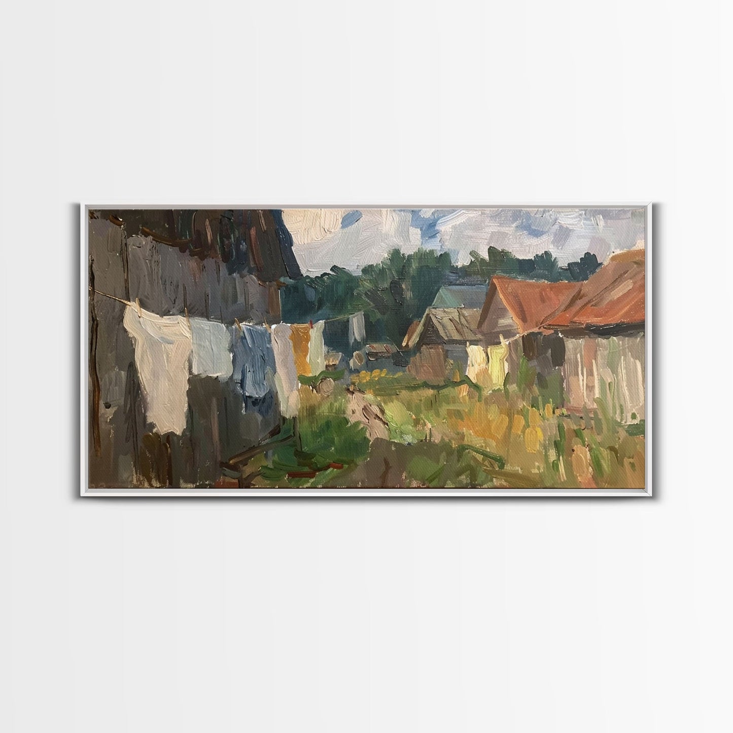 Rustic Farmyard with Laundry, Framed Canvas Print, Farmhouse Wall Art, Living Room Decor, Country Style, Outdoor Scene