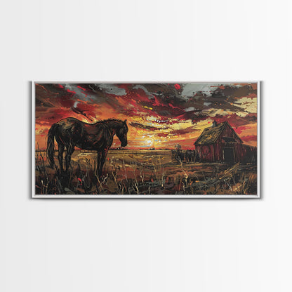 Dark Horse at Sunset with Barn, Stunning Abstract Art, Framed Canvas Print, Boho Wall Art, Bedroom Decor, Unique Home Decoration