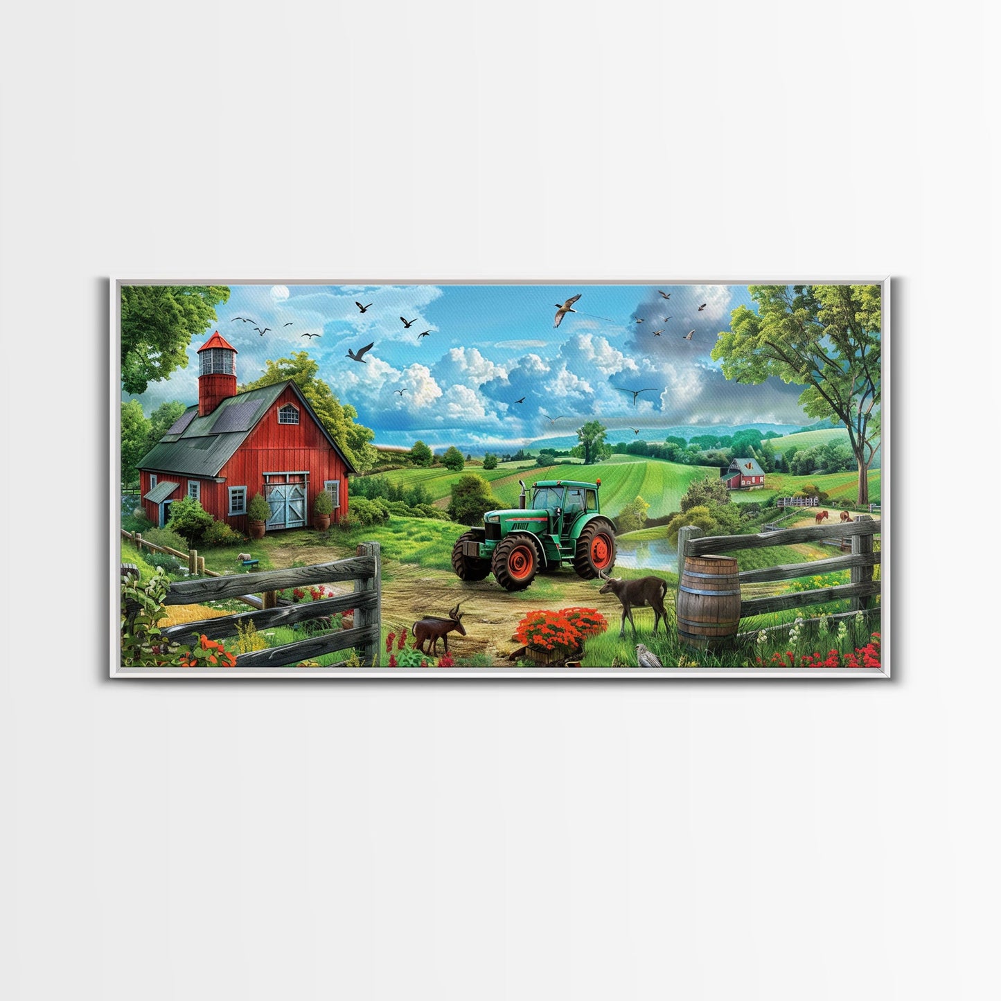Green Tractor Near Red Barn in Countryside, Charming Farm Art, Framed Canvas Print, Country Living Room Decor, Wall Art