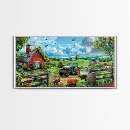 Green Tractor Near Red Barn in Countryside, Charming Farm Art, Framed Canvas Print, Country Living Room Decor, Wall Art