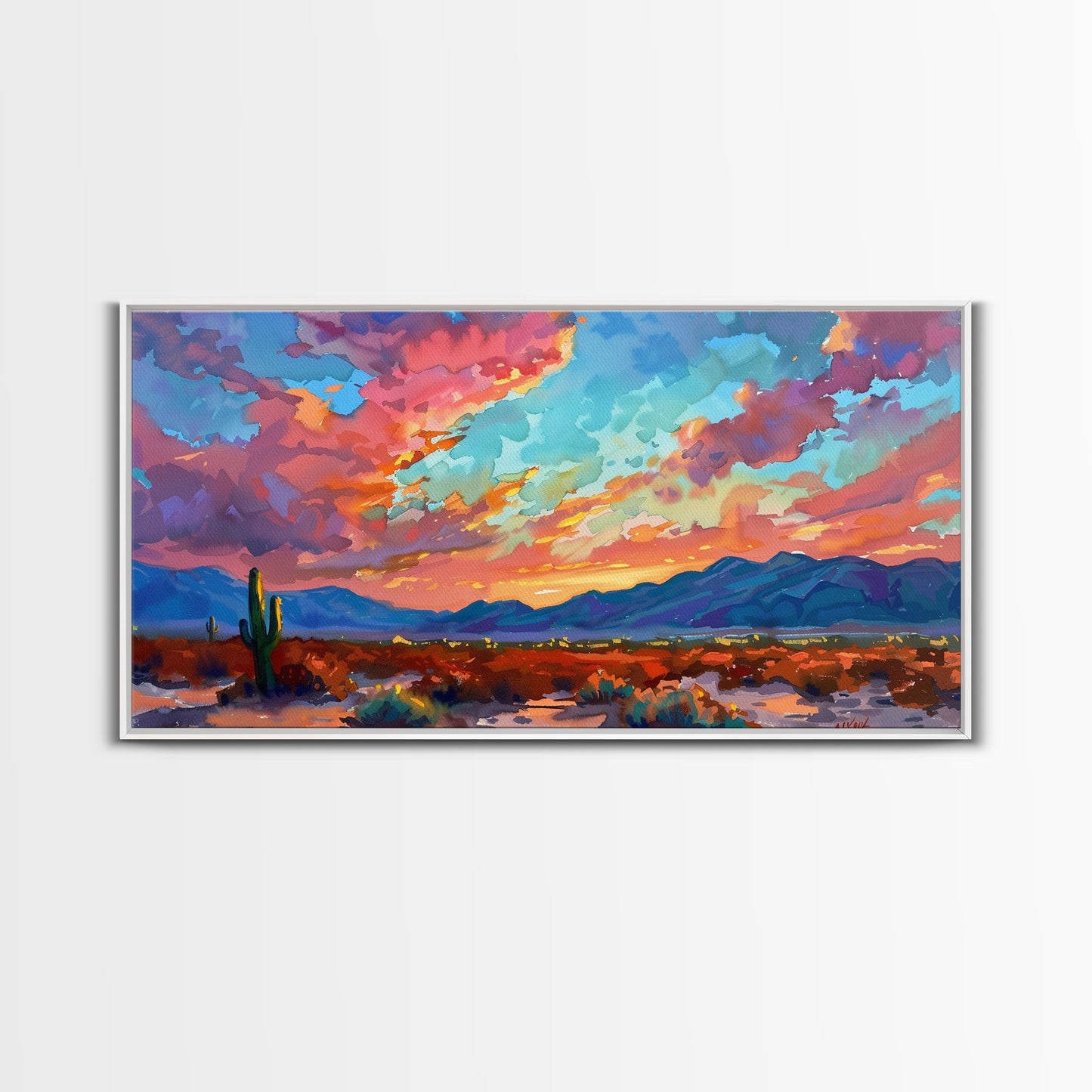 Road Through Desert at Sunset, Colorful Southwestern Art, Framed Canvas Print, Boho Wall Decor, Rustic Living Room Art, Desert Scene