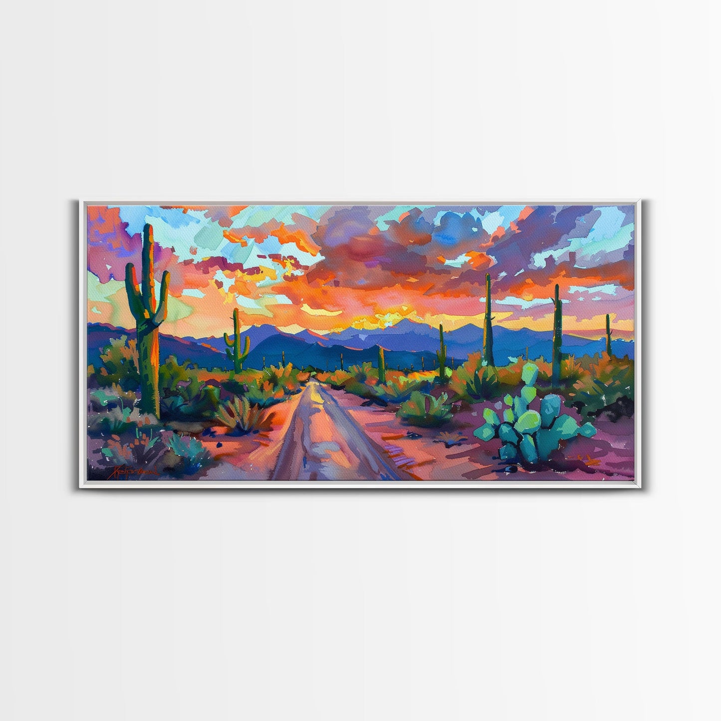 Cacti and Mountains Under Sunset Sky, Vibrant Southwestern Landscape Art, Framed Canvas Print, Boho Living Room Decor, Desert Scene