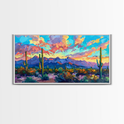 Expansive Desert Landscape at Sunset, Colorful Southwestern Art, Framed Canvas Print, Boho Living Room Wall Decor, Desert Scene