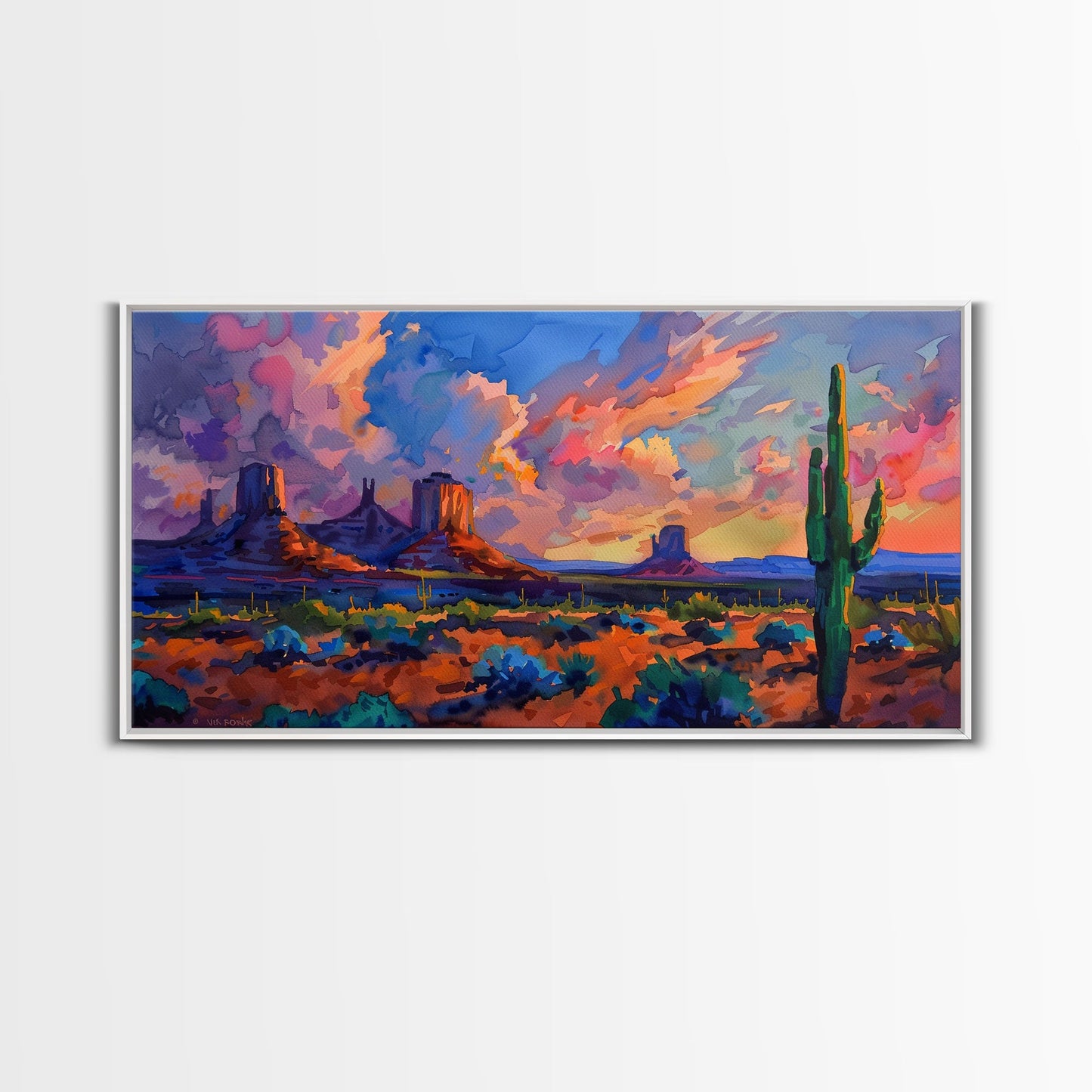 Radiant Mountain Sunset with Saguaro Cacti, Framed Canvas Print for Living Room Art, Perfect for Boho and Southwestern Decor