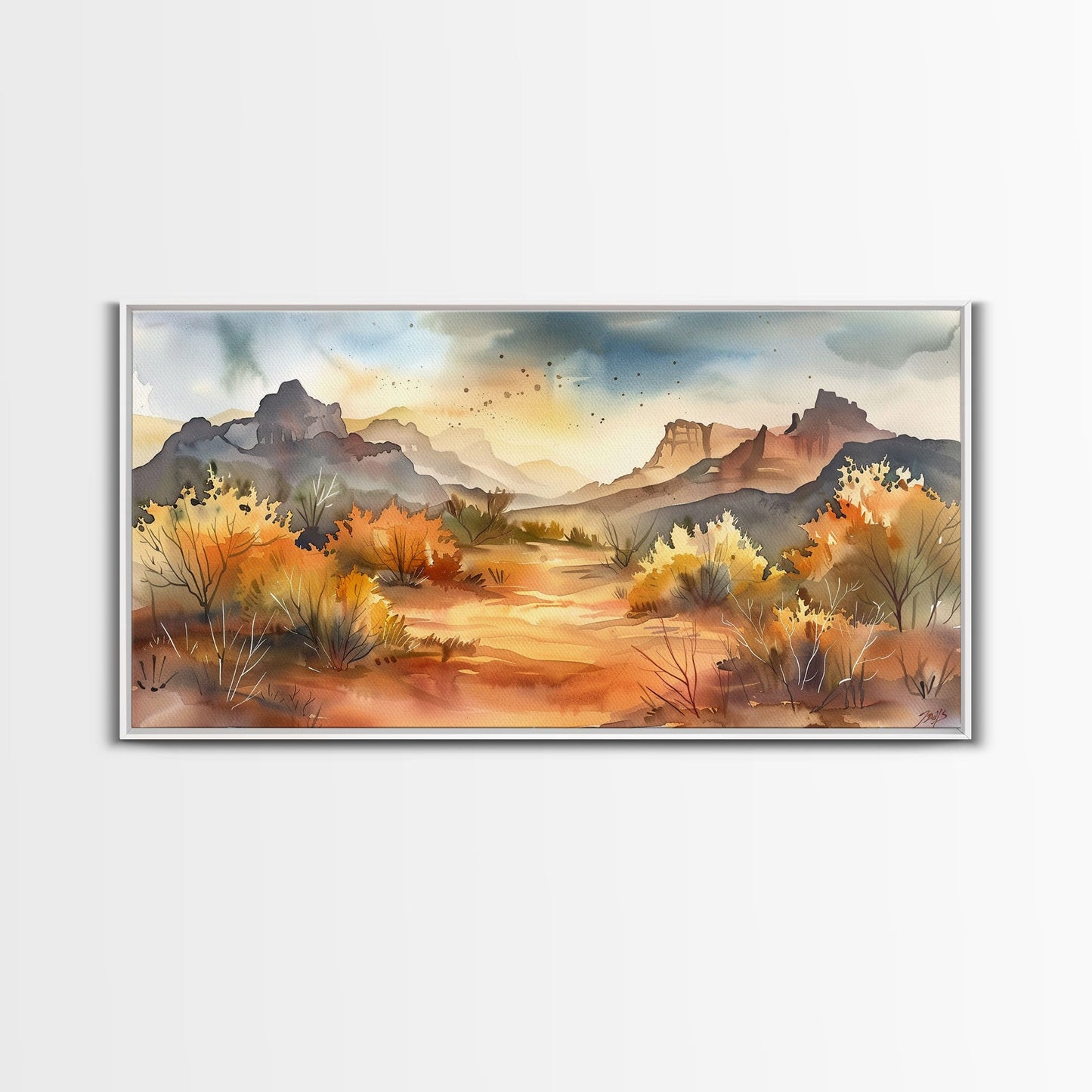 Serene Desert Landscape with Mountains and Sunlit Sky, Perfect Framed Canvas Print for Living Room, Boho Wall Art, Nature Decor