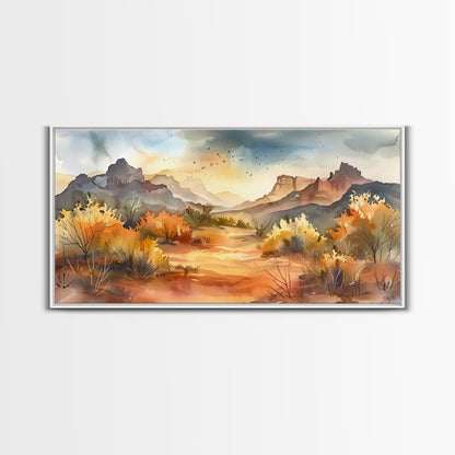 Serene Desert Landscape with Mountains and Sunlit Sky, Perfect Framed Canvas Print for Living Room, Boho Wall Art, Nature Decor