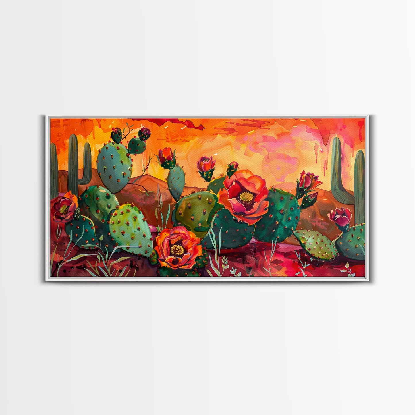 Prickly pear cacti with vibrant blooms in desert scene, Framed Canvas Print, great for modern living room, boho wall decor