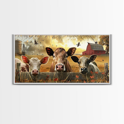 Cute cows peeking through barn fence, Framed Canvas Print, ideal for farmhouse living room, country style wall art decor