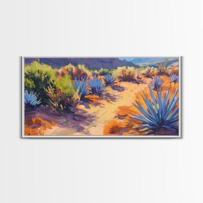 Desert Pathway with Vibrant Foliage, Perfect for Living Room Art, Framed Canvas Print, Bohemian Decor, Nature Inspired Wall Art