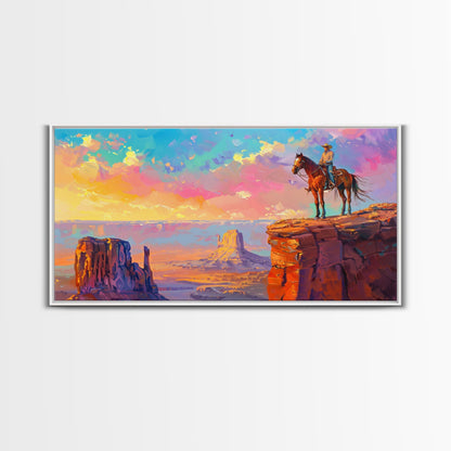 Cowboy Overlooking Monument Valley, Farmhouse Style Framed Canvas Print for Bedroom Wall Art, Rustic Home Decor, Scenic Western Landscape