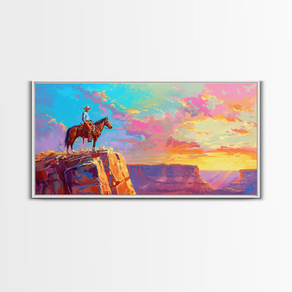 Cowboy Watching Sunset Over Canyon, Farmhouse Style Framed Canvas Print for Living Room Wall Art, Vibrant Home Decor, Western Landscape